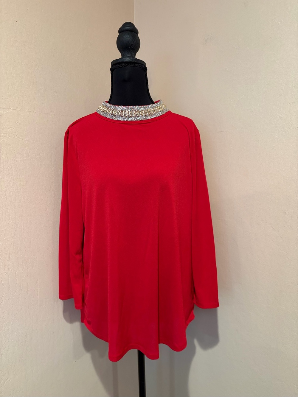 Glamorous Red Blouse with Key Hole Arms, Studded and Gold High Neck, size 2X
